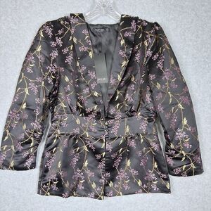 Nasty Gal Womens Top Blazer Jacket 8 Black Satin Floral Oriental Whimsigoth